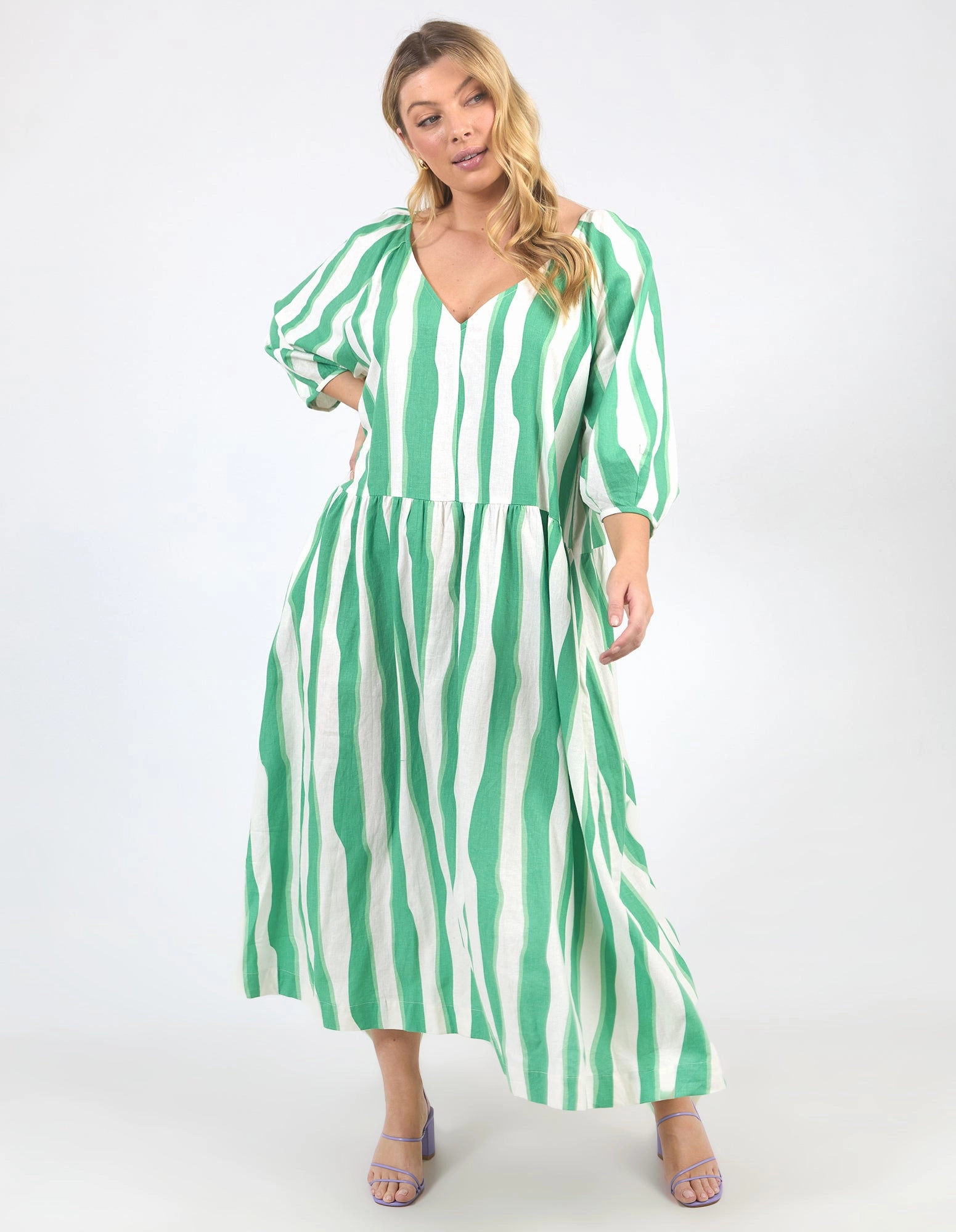 Lace-Sleeve Coral Soft Elm Spritz Stripe Dress Greenbriar/White Stripe