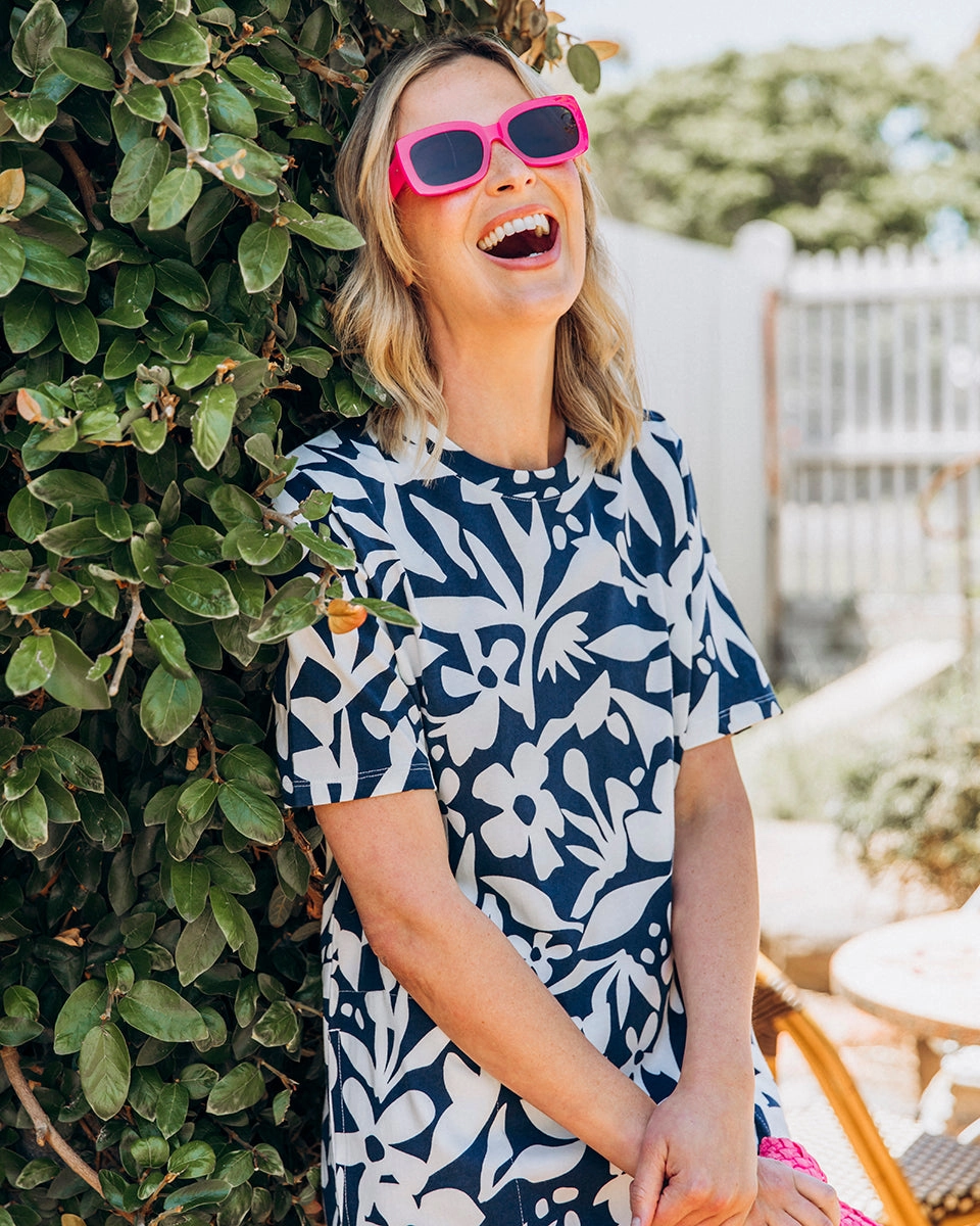 Micro Perforation Ruffled edges Elm Stencil Floral Tee Dress Naval Blue Floral Print