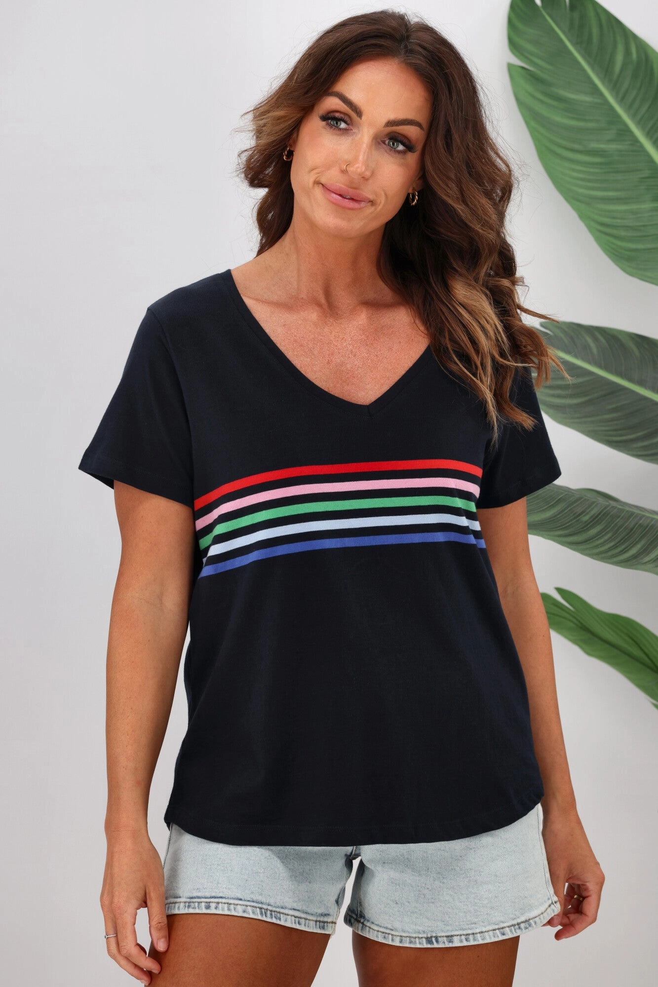 Elm Vertical Vee Neck Rainbow Stripe Tee Navy Breathable and Comfortable