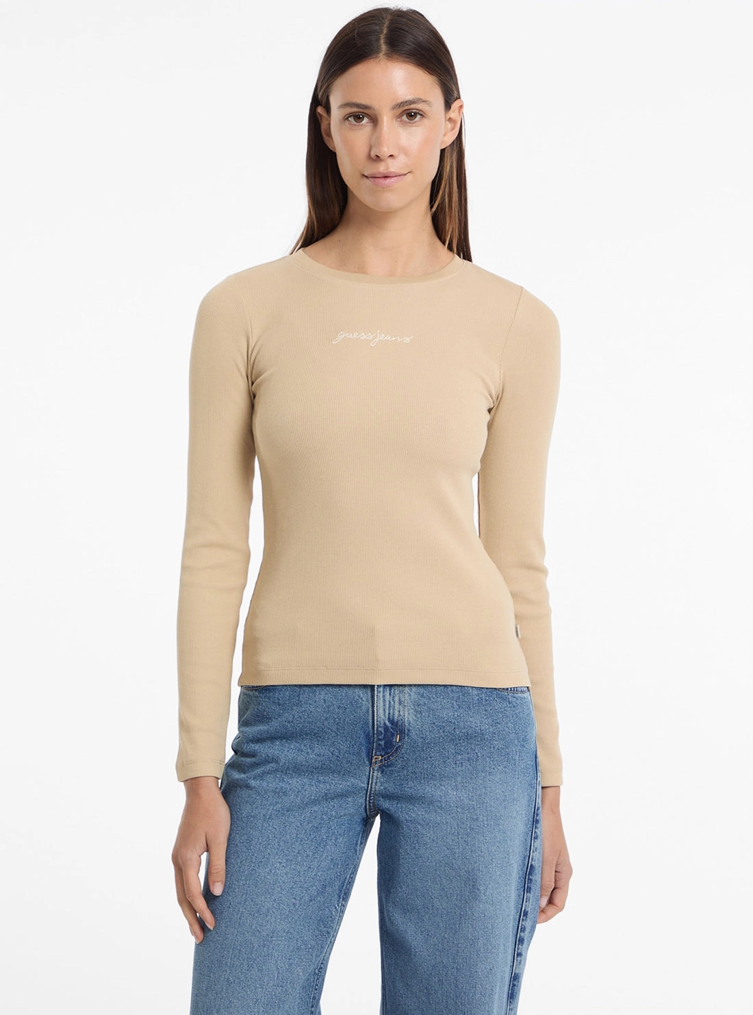 Comfortable fit Guess Jeans Beige Slim Rib T-Shirt