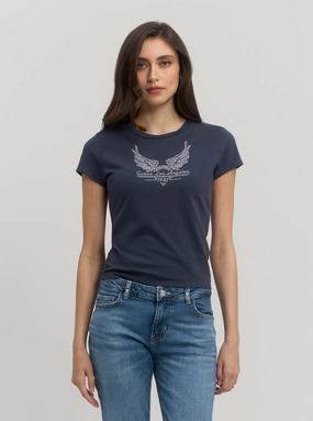 Navy Short Sleeve Studded Wings Logo T-Shirt FrictionFreeNeckline HiddenVentilationPockets