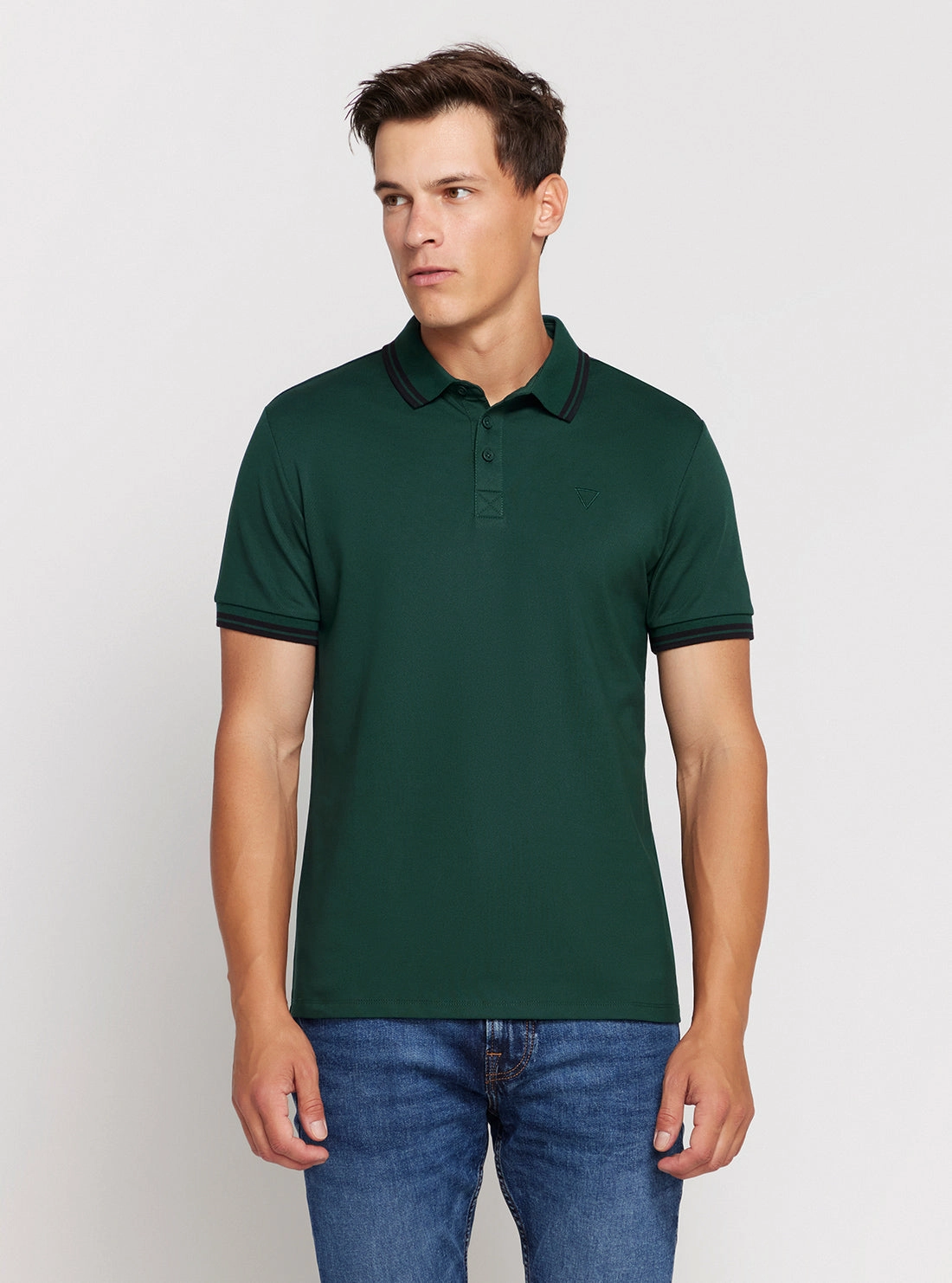 Green Short Sleeve Pique Polo Shirt Yarn Dye Stripe