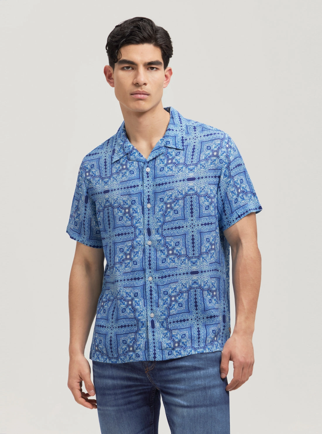 Eco Blue Tile Short Sleeve Shirt Multi Pocket Design