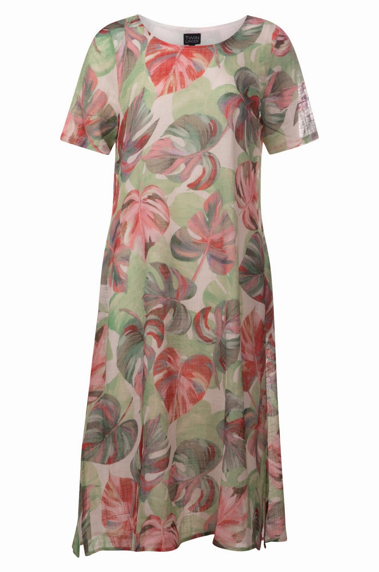100% Cotton Dress with side splits | SAGE PINK PALM | 6274A1 Versatile Comfort Wear