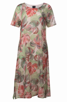 100% Cotton Dress with side splits | SAGE PINK PALM | 6274A1 Versatile Comfort Wear
