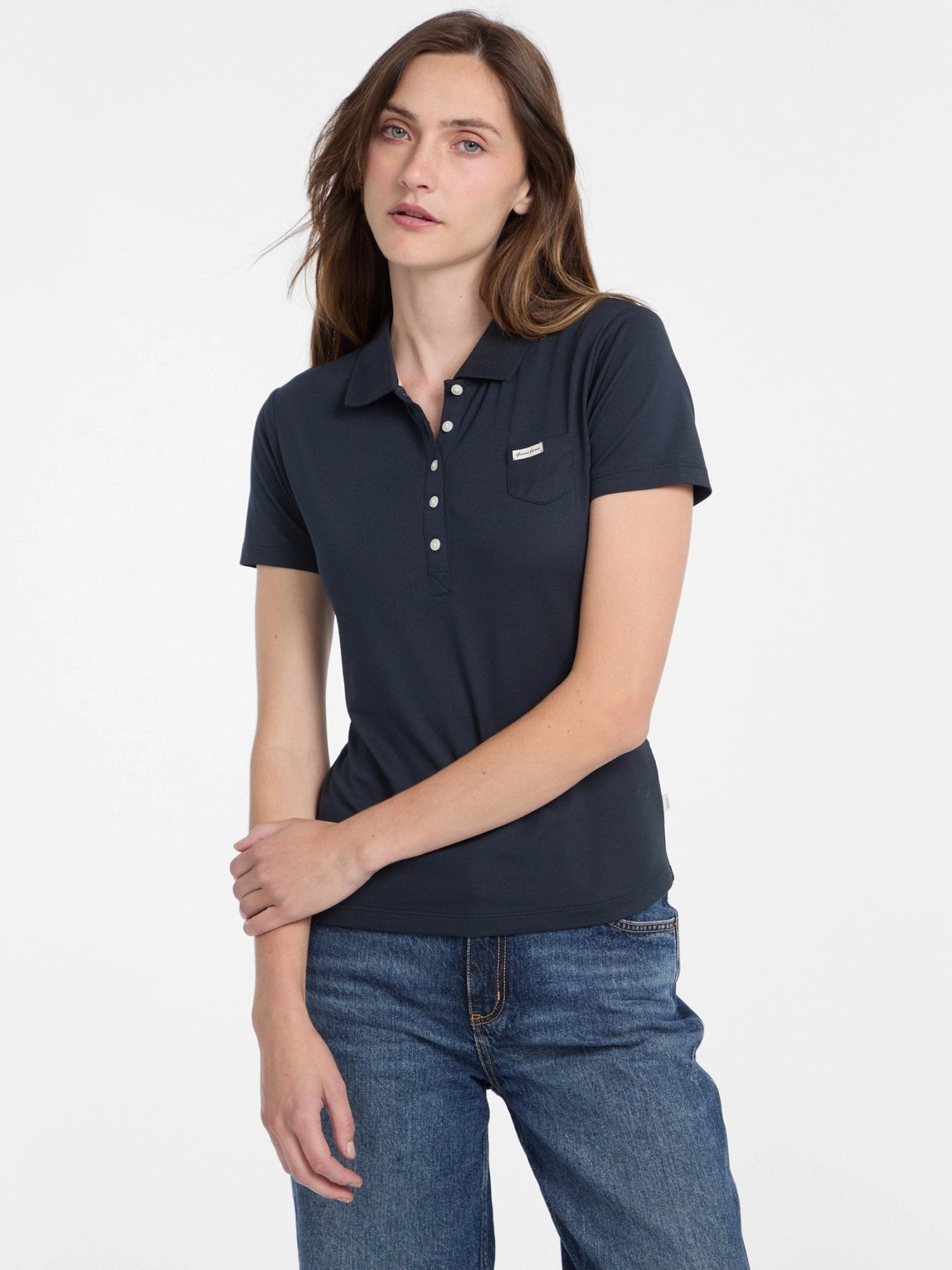 V-neck Blouse Sustainable Material Blend Guess Jeans Navy Slim Polo T-Shirt