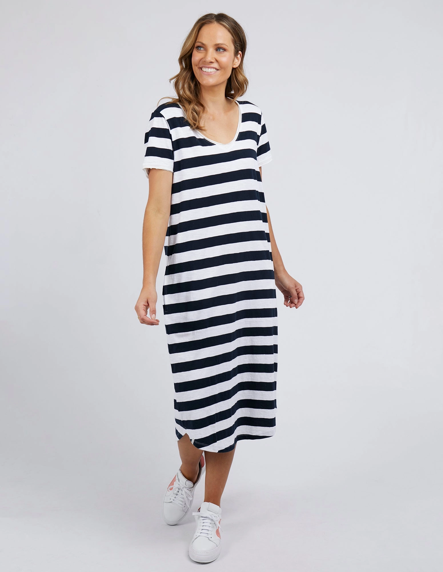 Sleek Touch Fall Flow Elm Maeve Midi Dress Navy Stripe