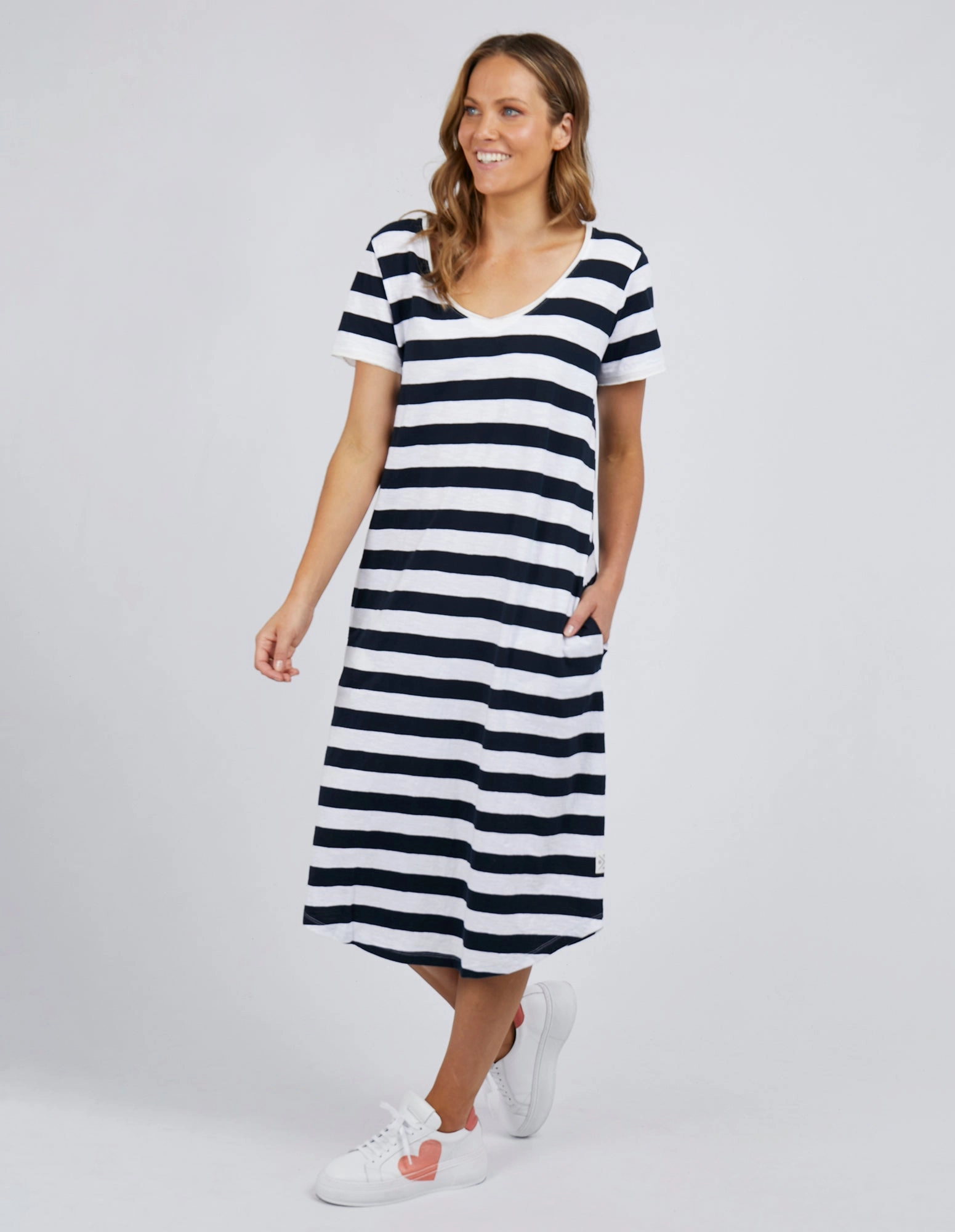 Elm Maeve Midi Dress Navy Stripe Smooth Motion Breathable Wearable