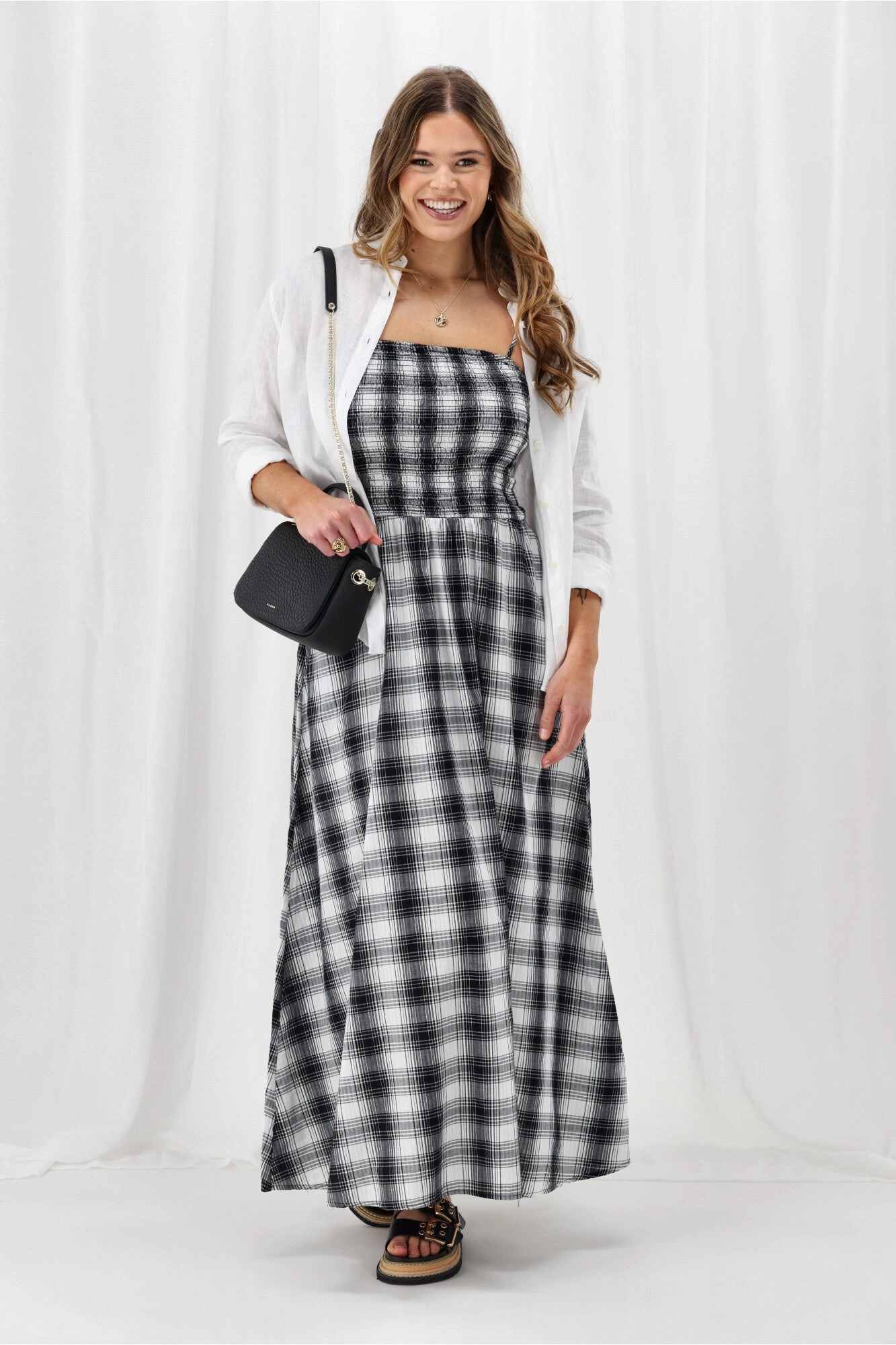 Gloss Finish ONLY Onlmaddy Life Maxi Check Smock Dress Black White Check