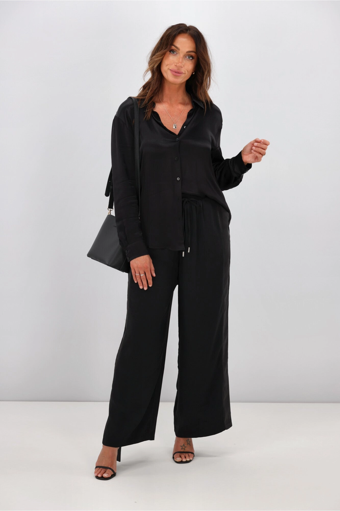 Effortless Active Wear Gloss by Shine On Havanna Satin Stripe Pants Black