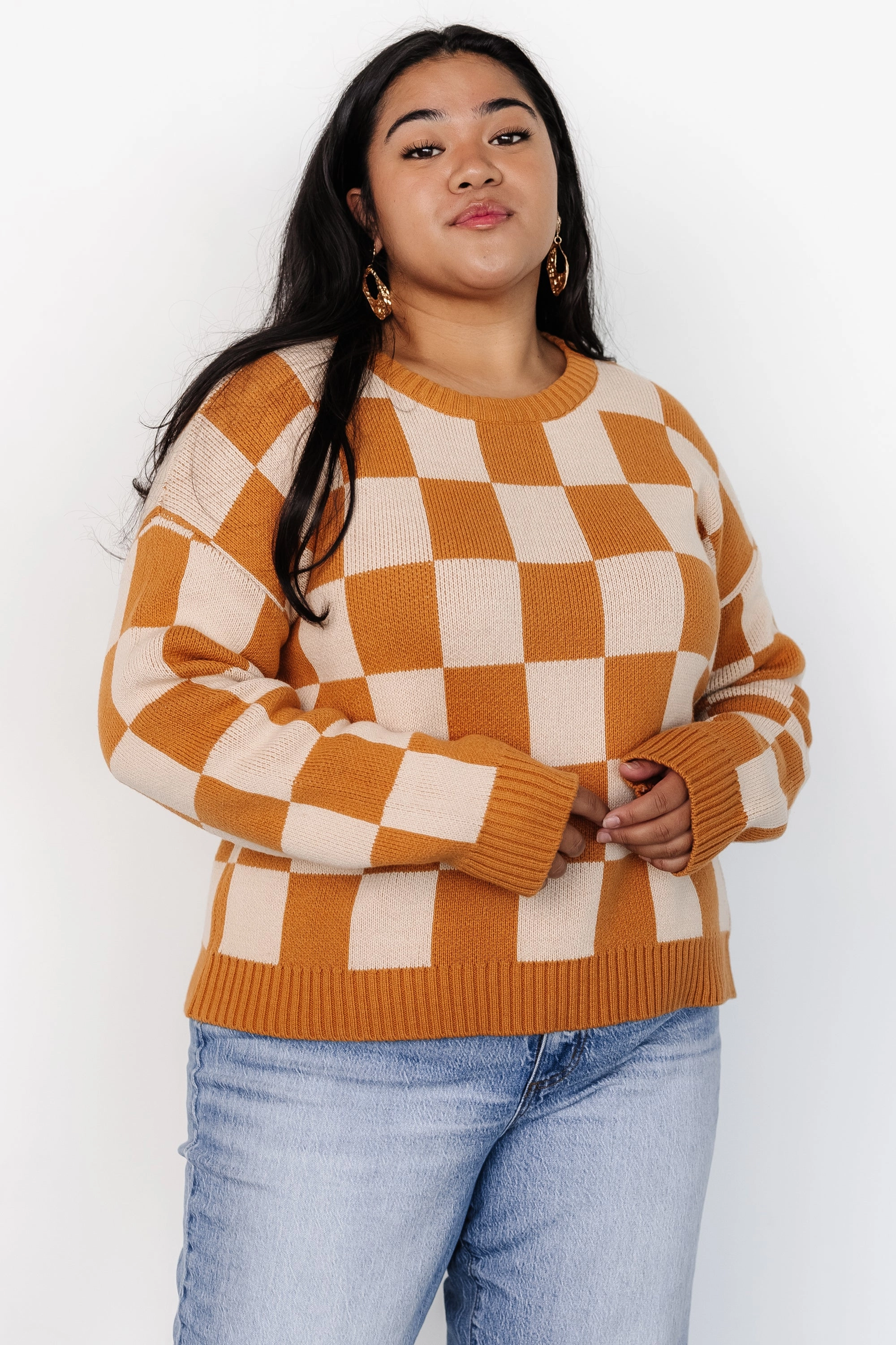 Flexible Ribbed Trim Quincy Checkered Sweater | Pumpkin Spice