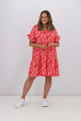 Lightweight Layer Gloss by Shine On Bramley Frill Sleeve Dress Pink Red Floral