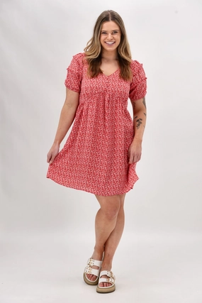 Gloss The Label Dale Frill Detail Puff Sleeve Dress Coral Print Lace Ease