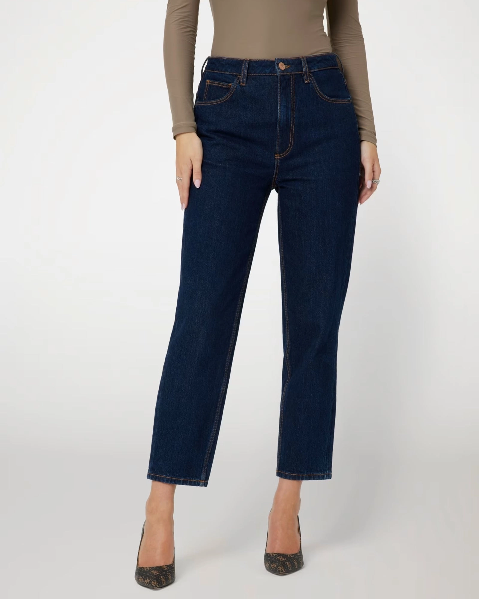 High-Rise Straight Leg Mom Denim Jeans In Authentic Dark Wash All Round Wear