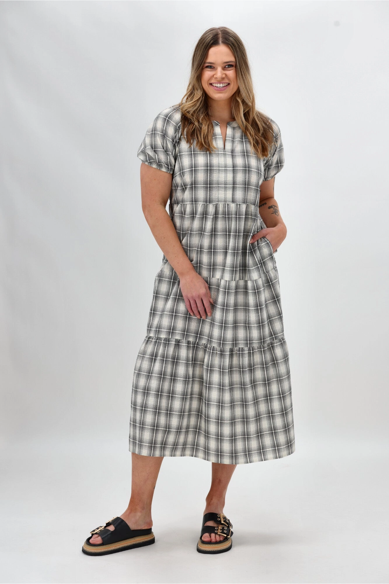 Shine On Label Rita Midi Dress Natural Check Modern Layers Flow Line