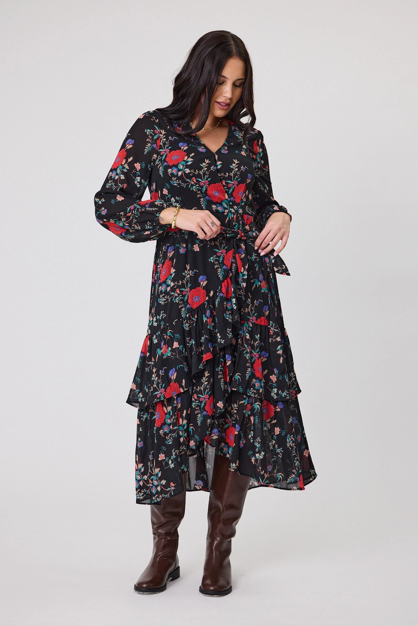 Retro Mood Applique-Detail Gloss The Label Peta Ruffle Mock Wrap Dress Rosetta Print