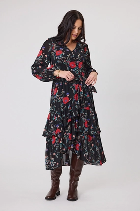 Retro Mood Applique-Detail Gloss The Label Peta Ruffle Mock Wrap Dress Rosetta Print
