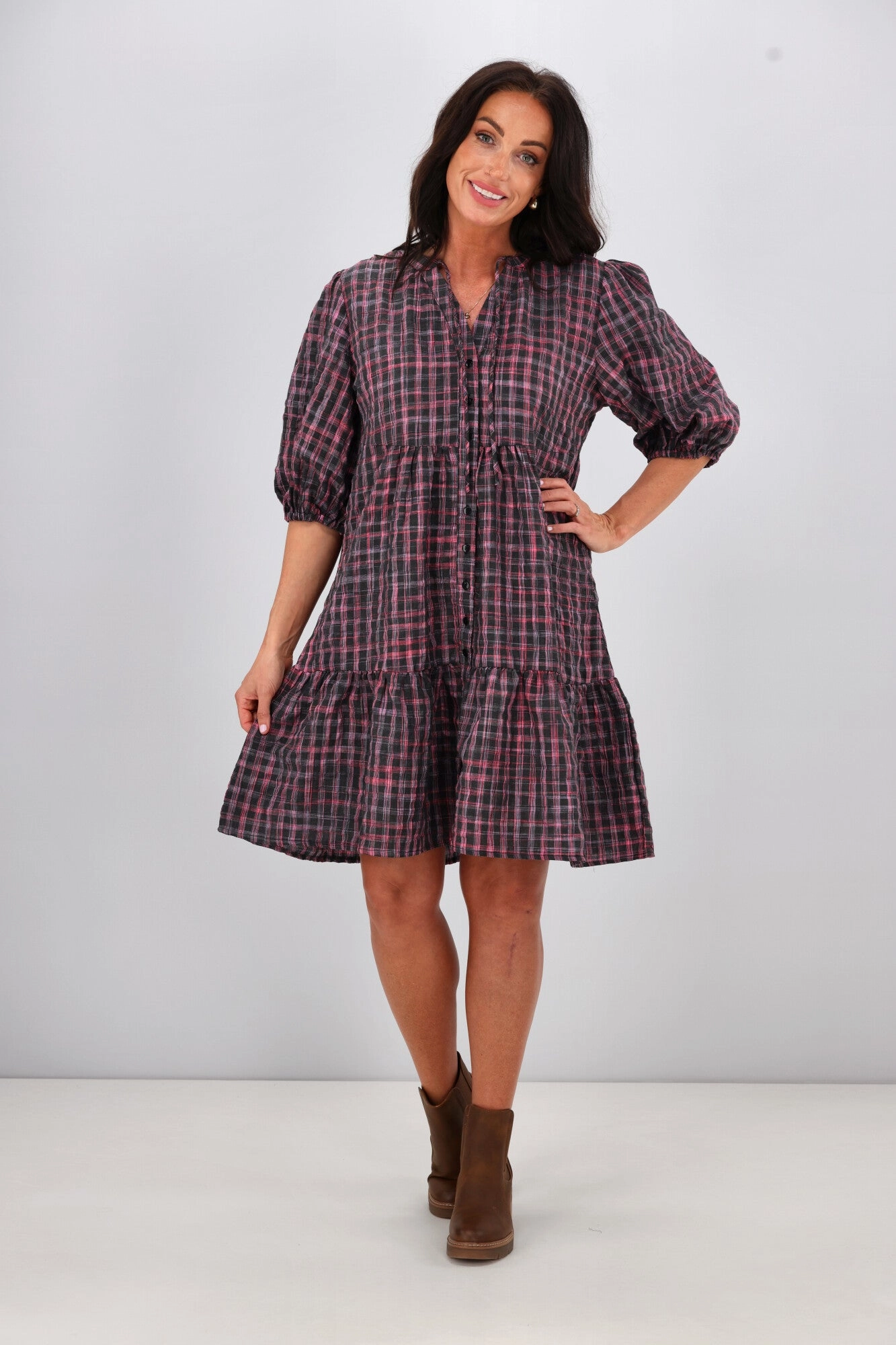 Shine On Label Evangeline Puff Sleeve Dress Black Check Clean Touch Sleek Appearance