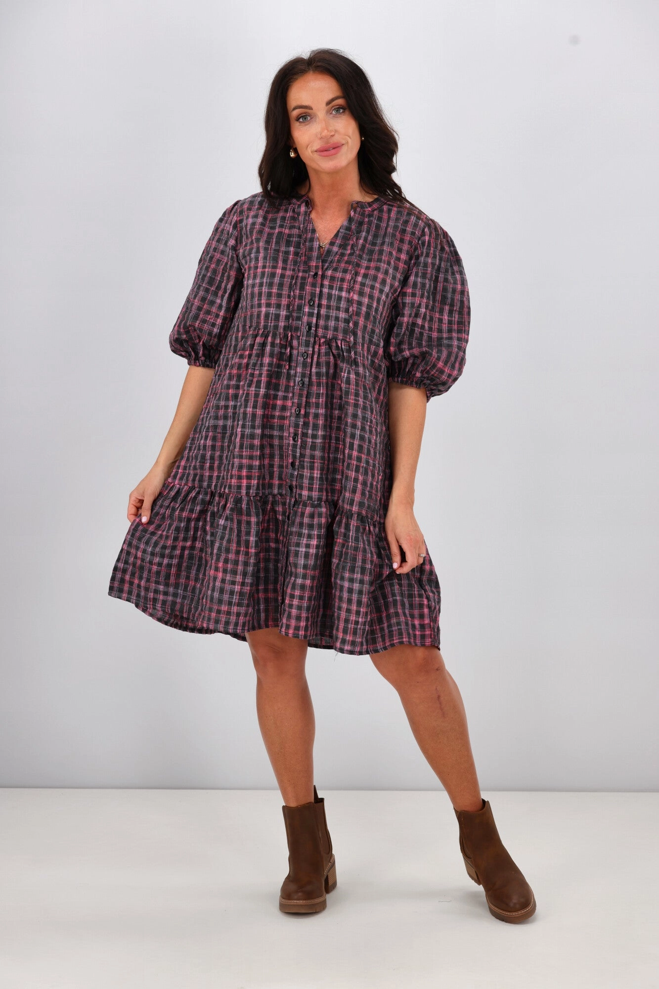 Versatile Comfort Wear Bare Glow Shine On Label Evangeline Puff Sleeve Dress Black Check