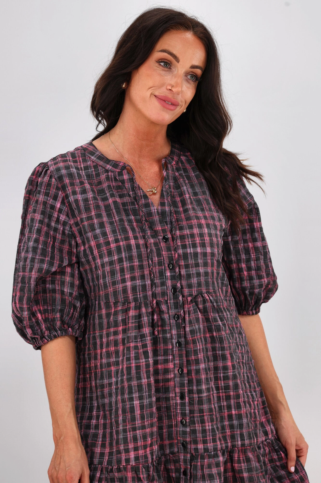 TemperatureRegulatingFabric Shine On Label Evangeline Puff Sleeve Dress Black Check