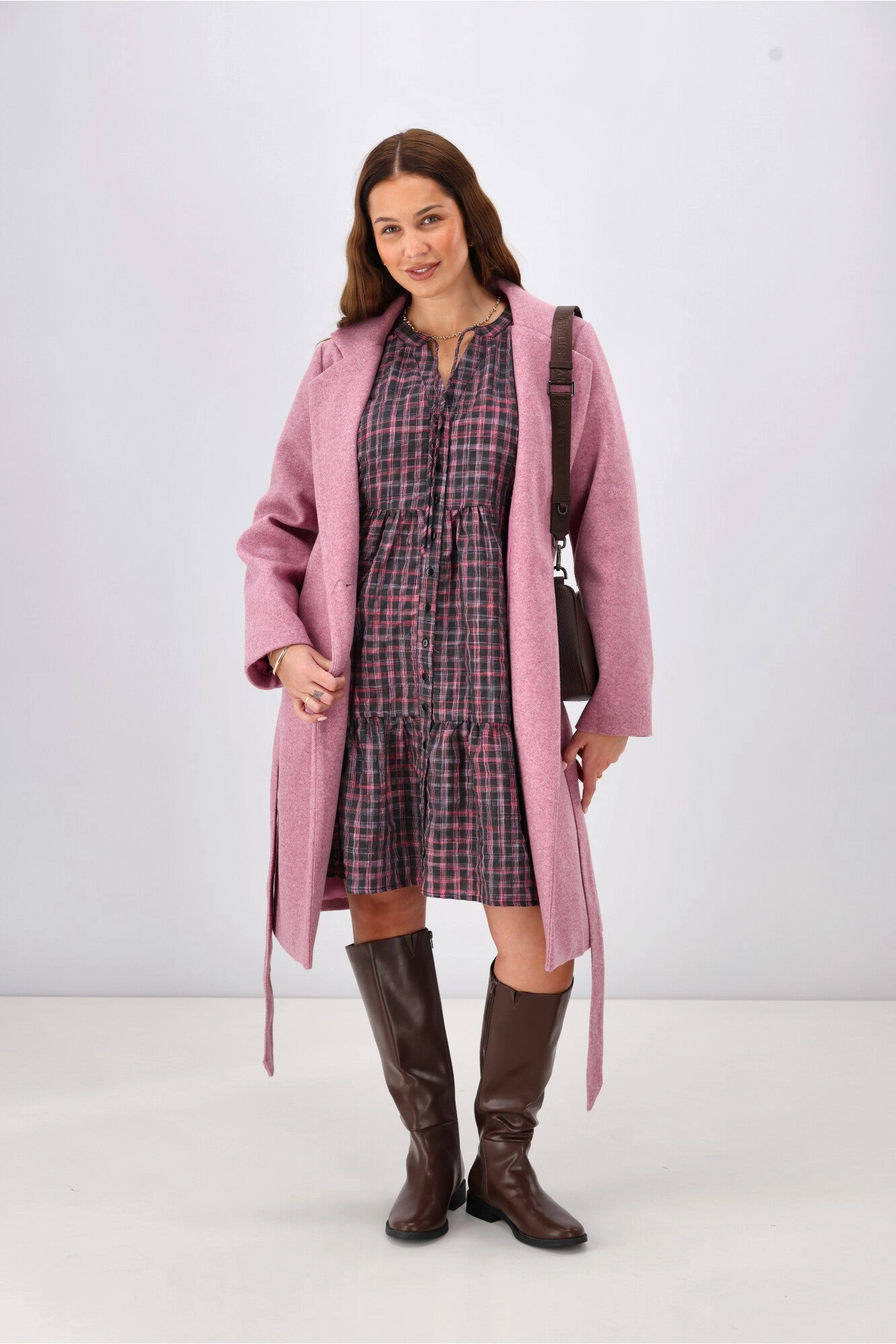 Shine On Label Evangeline Puff Sleeve Dress Black Check Cozy Flex