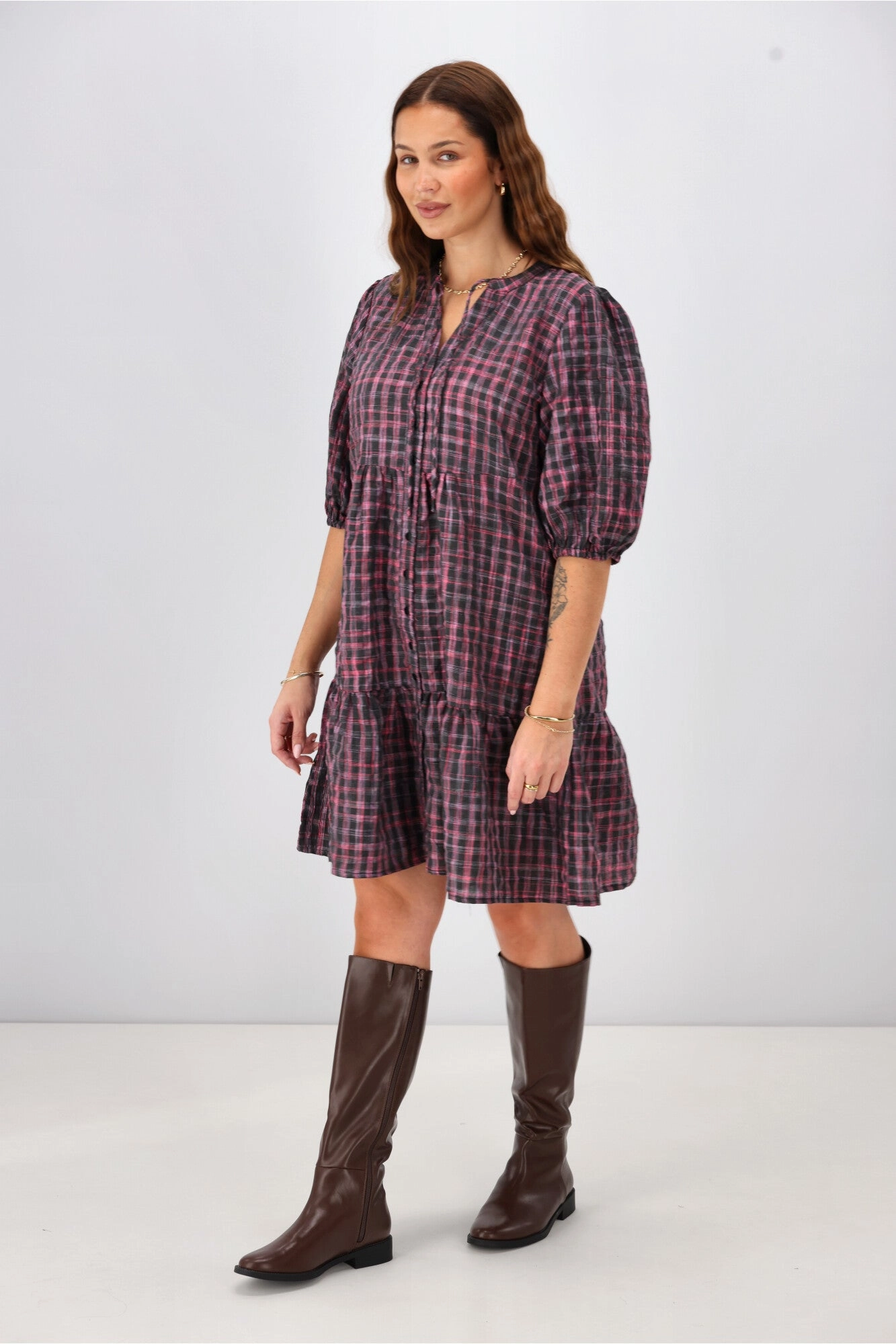 bold appearance Cozy And Stylish Shine On Label Evangeline Puff Sleeve Dress Black Check