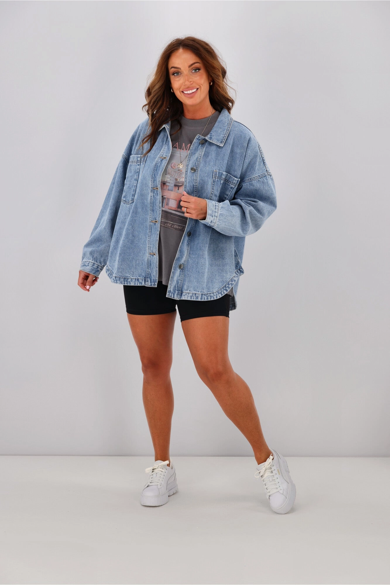 All About Eve Dale Shacket Light Blue Thermoplastic Elastomer Trim Magnetic Closure System