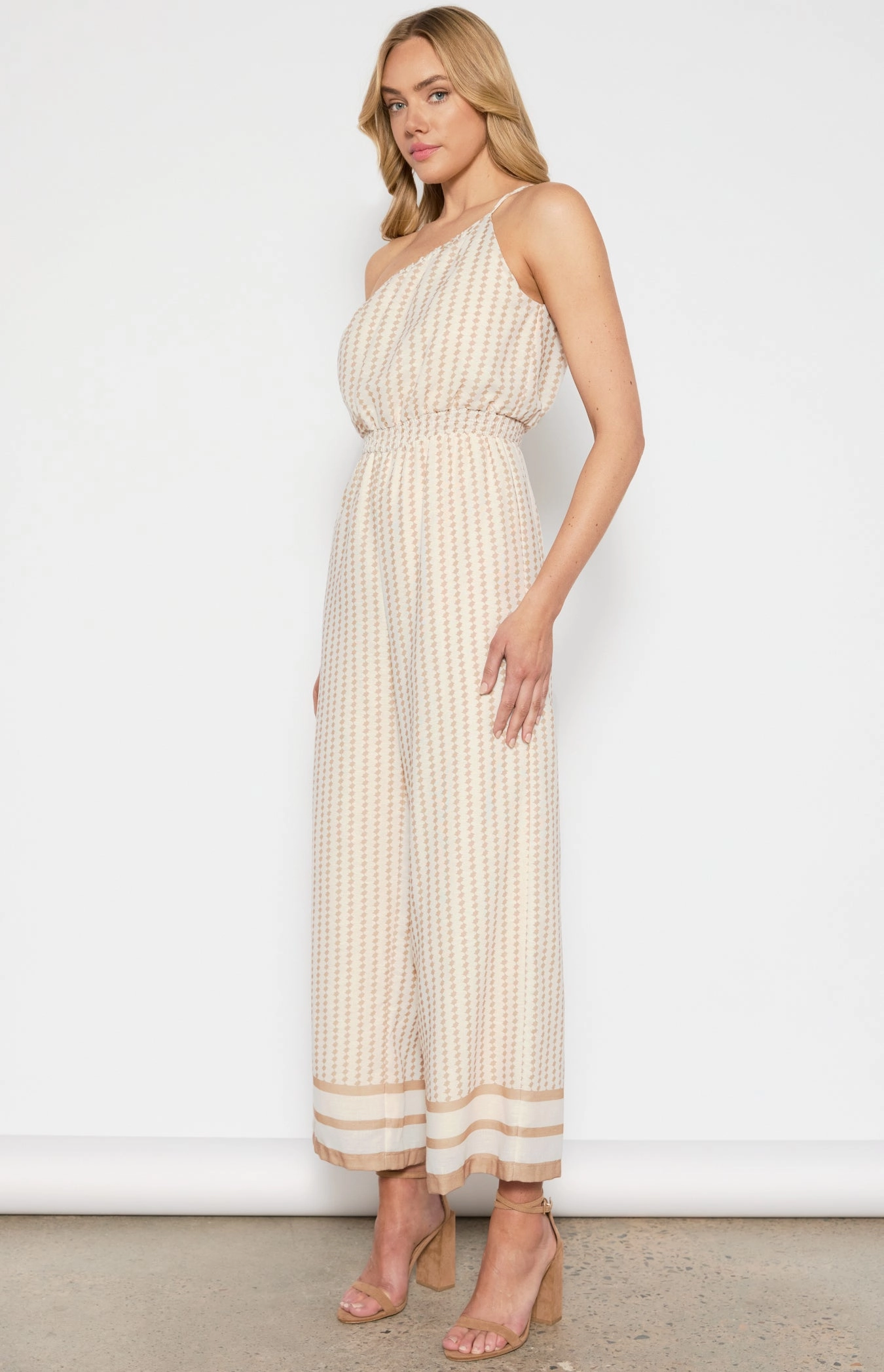 Ultra Light Plus Size Slimming Fit Style State Geo Print Jumpsuit White