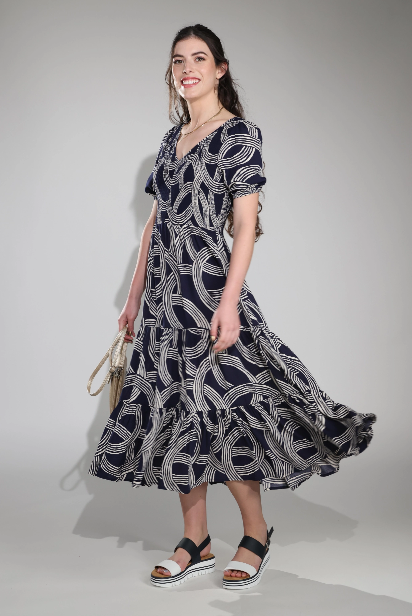 Flattering Cut Wear Maxi Dress | Navy Ivory Circles | 3354C1