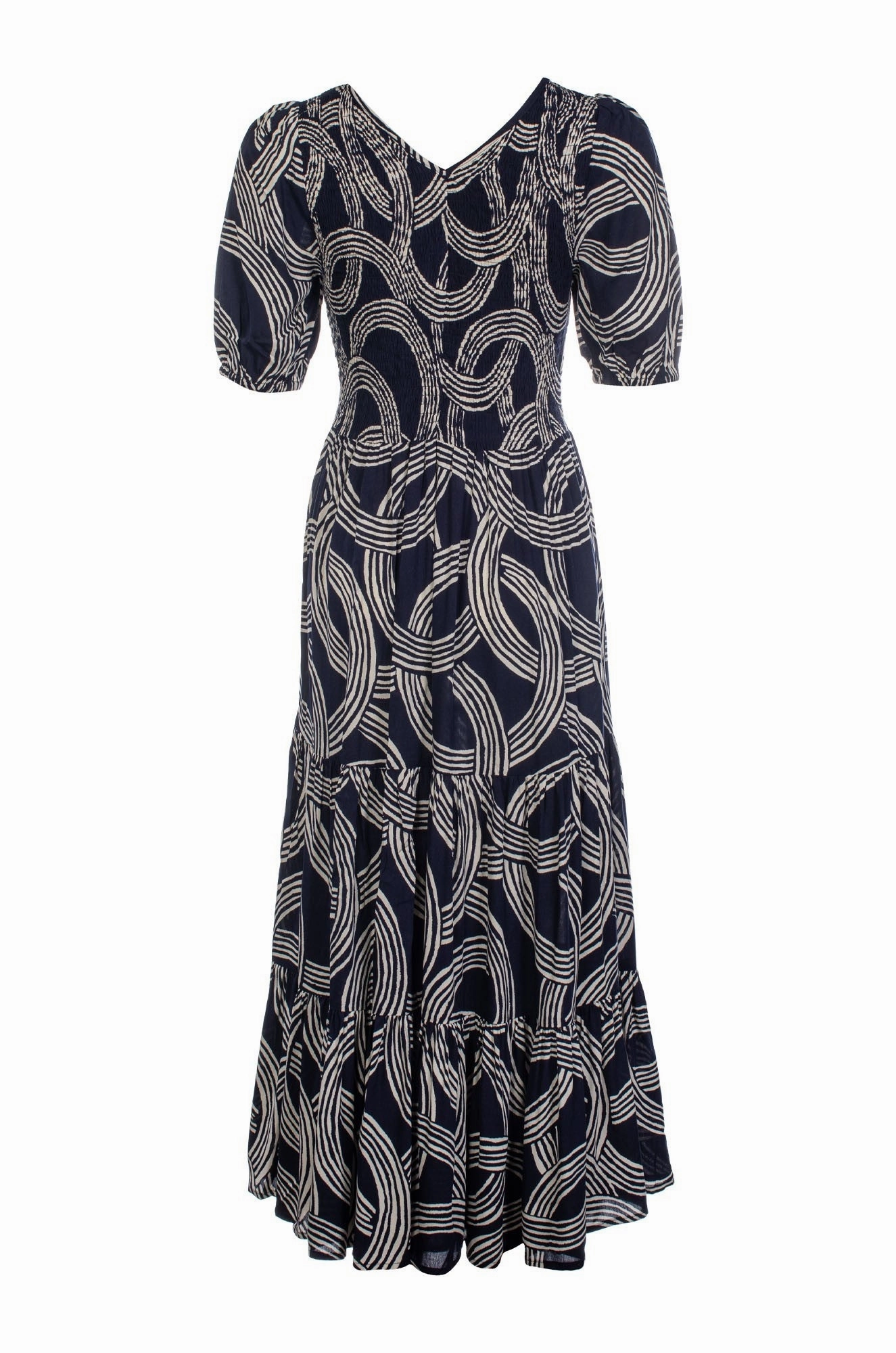 Bold Statement Layered Volume Maxi Dress | Navy Ivory Circles | 3354C1