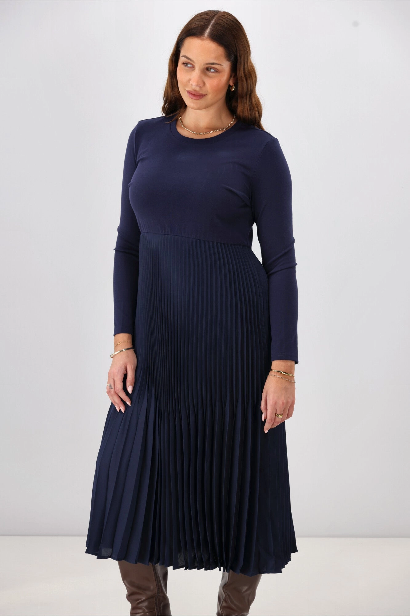 Gloss by Shine On Vester Knit Dress with Woven Pleat Skirt Midnight Active Moments