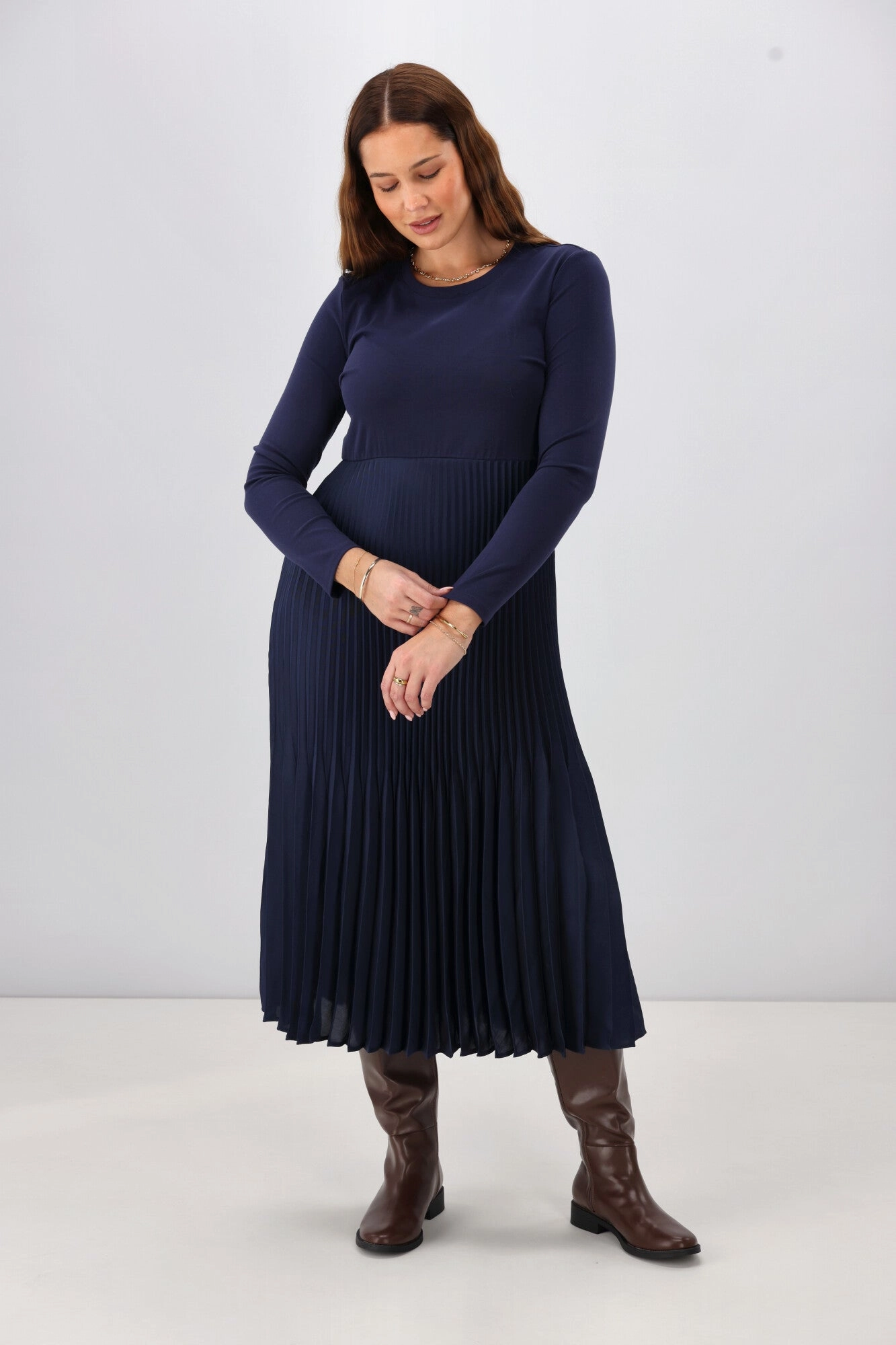 Subtle Comfort Gloss by Shine On Vester Knit Dress with Woven Pleat Skirt Midnight