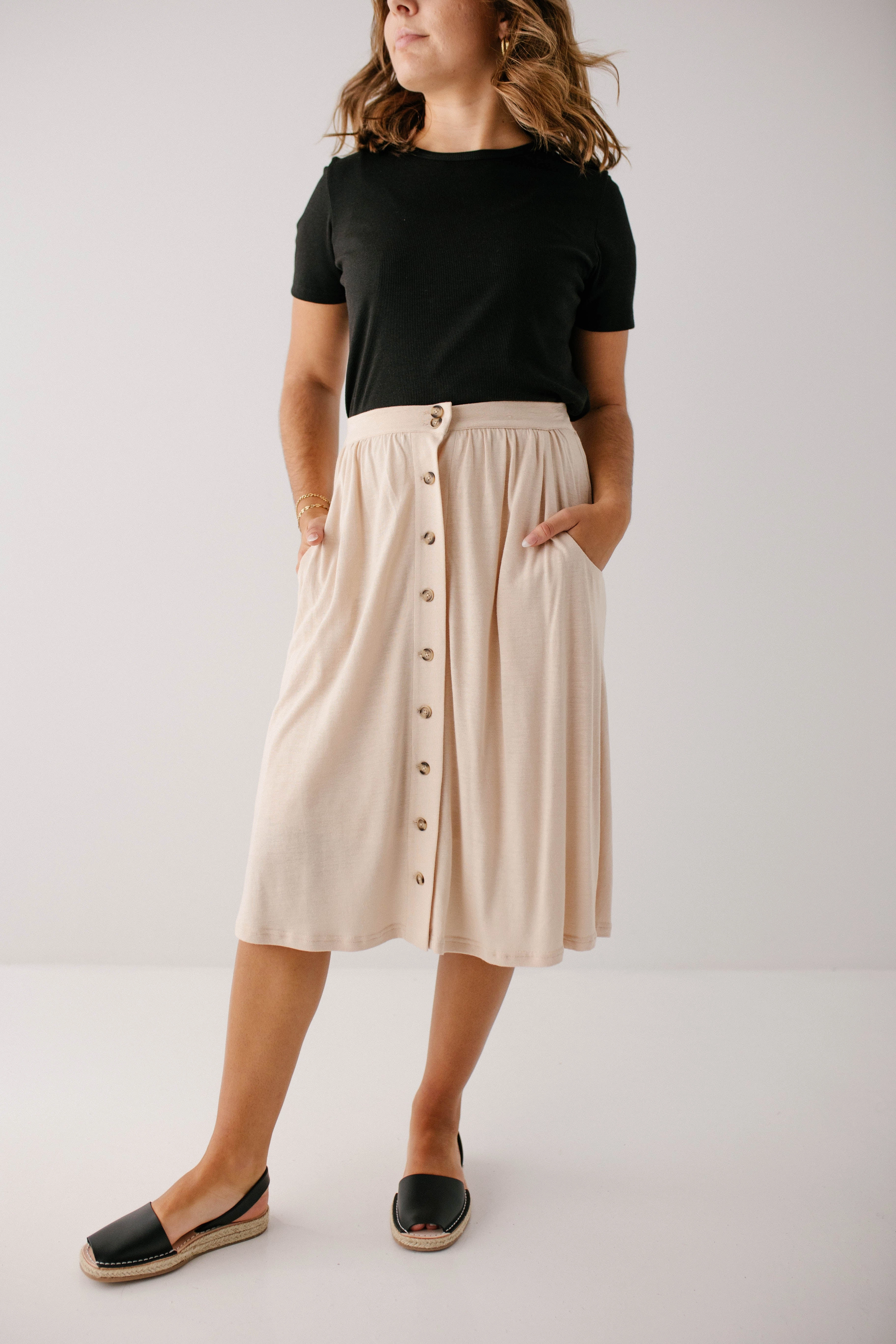 Side Slit 'Tirzah' Linen Bamboo Blend Button Front Skirt in Tan FINAL SALE
