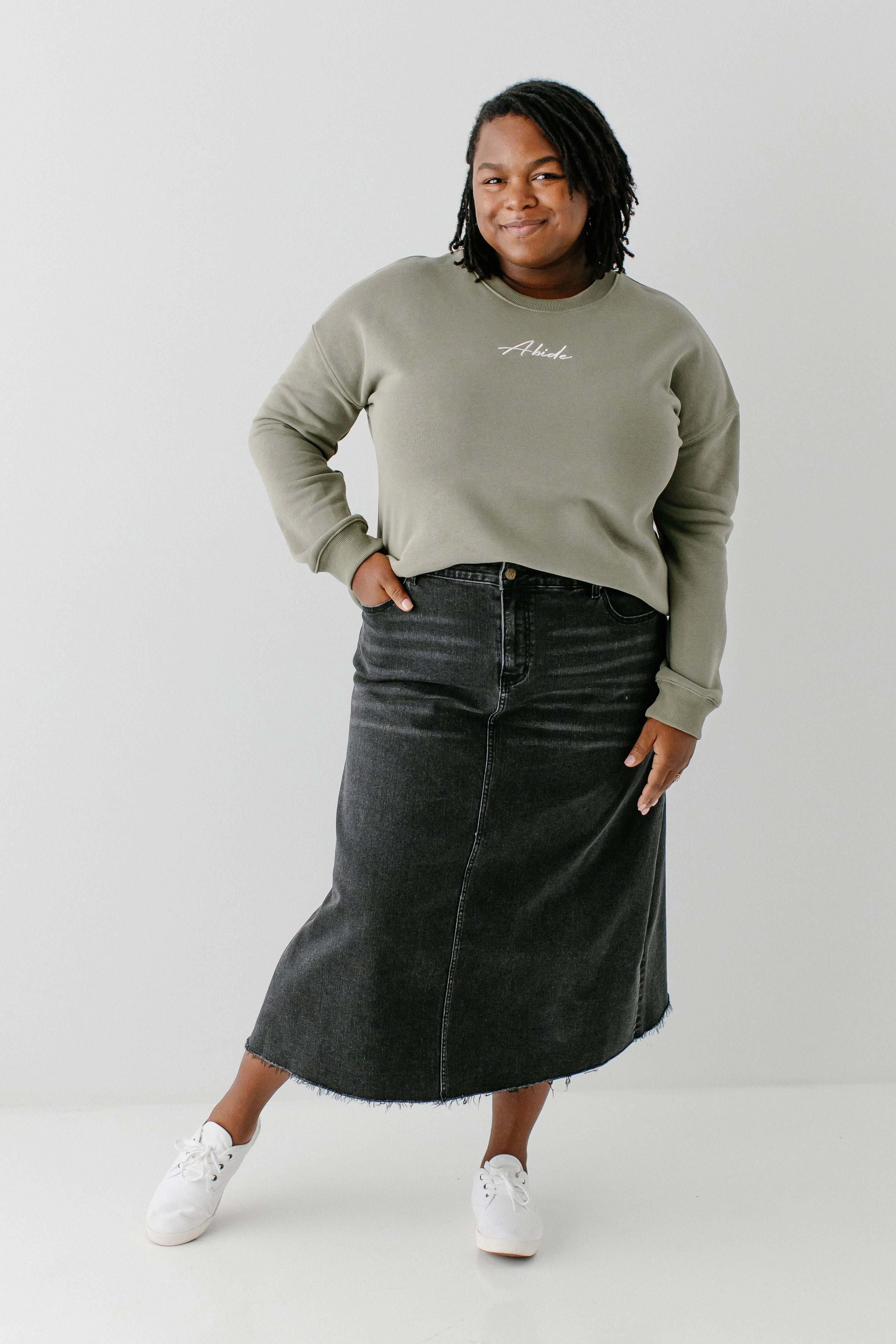 Plus 'Brooke' A-Line Stretch Denim Midi Skirt FINAL SALE Neutrals Only
