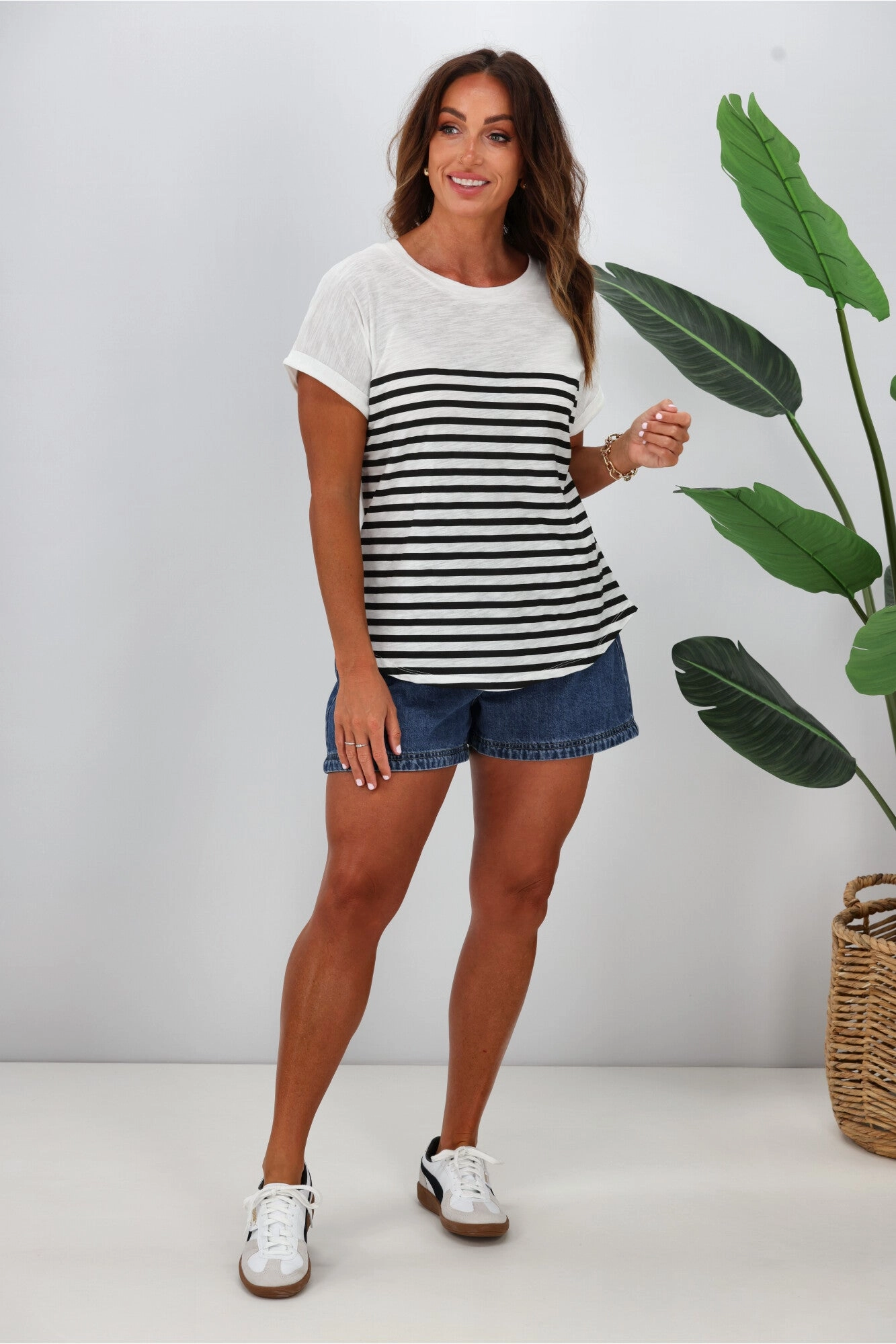 Breathable and Comfortable Betty Basics Hailey Short Sleeve Tee White Black Stripe