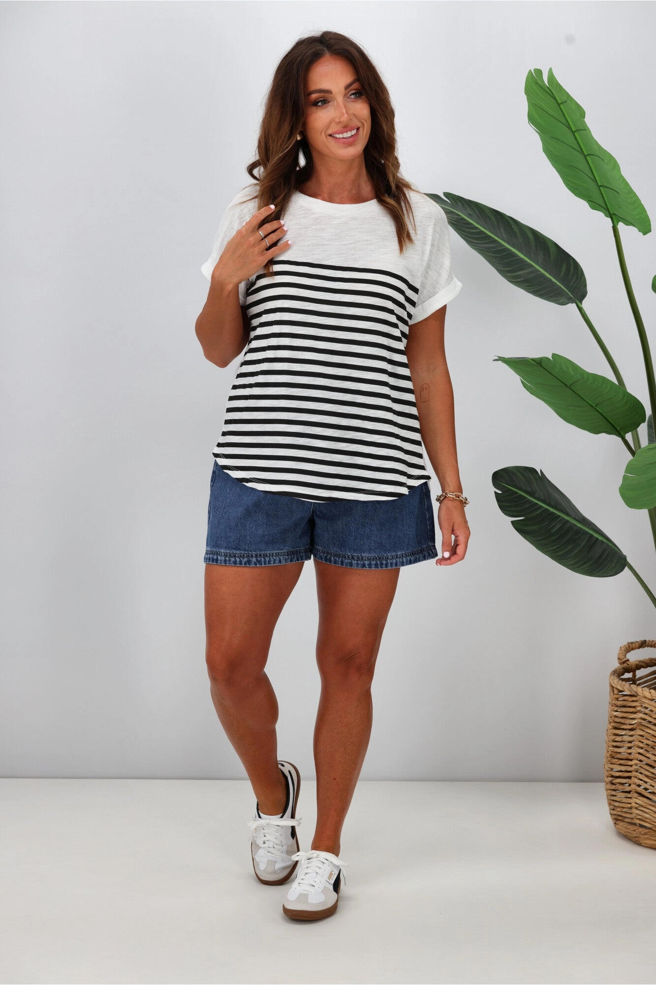 Trendy Casual Wear UVProtectionFinish Betty Basics Hailey Short Sleeve Tee White Black Stripe