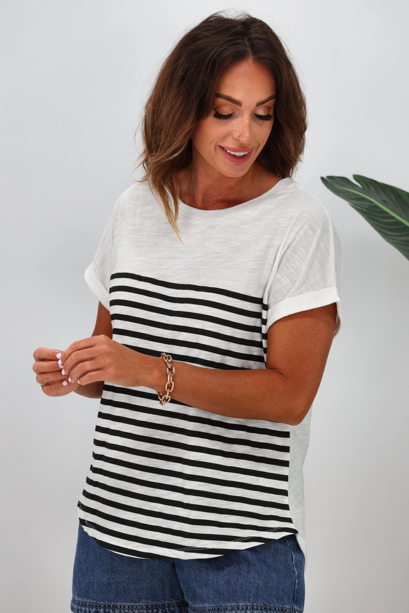 Betty Basics Hailey Short Sleeve Tee White Black Stripe Outdoor Sports