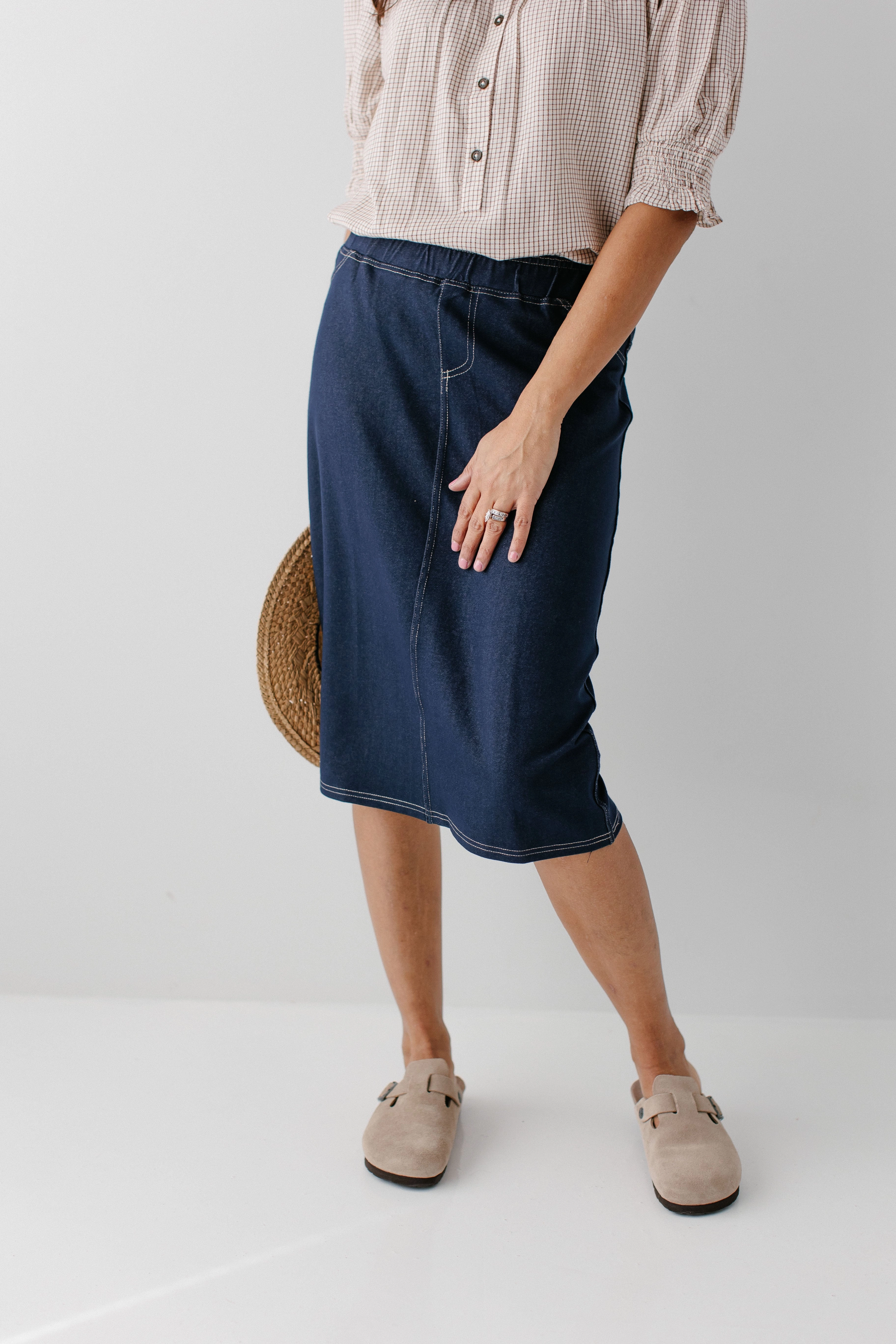 Side Pockets 'Piper' Knee Length Knit Denim Skirt in Dark Blue FINAL SALE