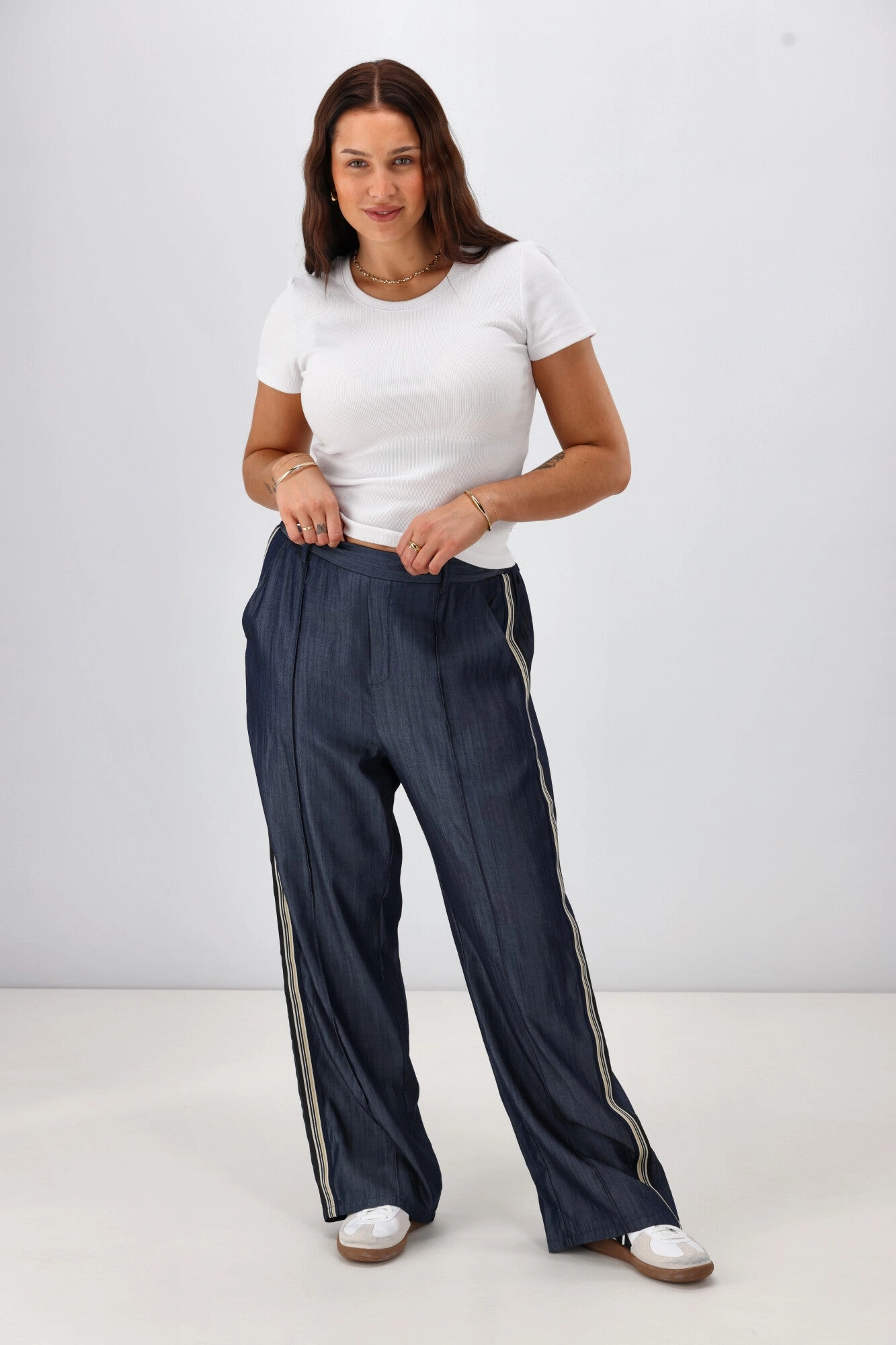 Shine On Label Maize Chambray Wide Leg Pant Indigo Breathable Stretch Four Way Cycling Trip