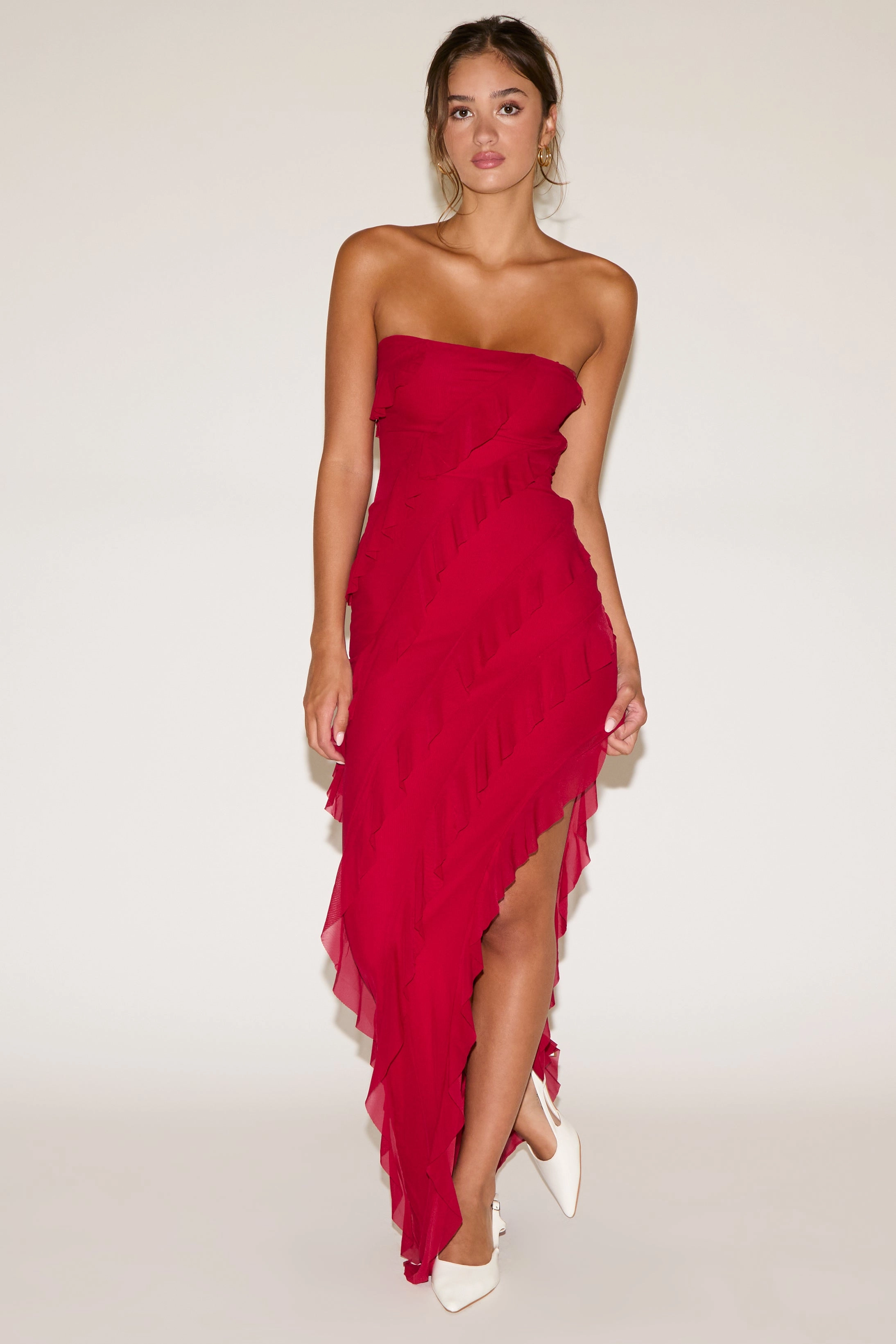 BIAS RUFFLES STRAPLESS MESH MAXI DRESS WITH SLIT Sharp Motion