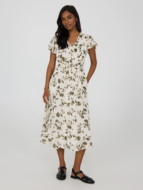 Floral Print Flutter Sleeve Button-Front Midi Dress Magnetic-Closure