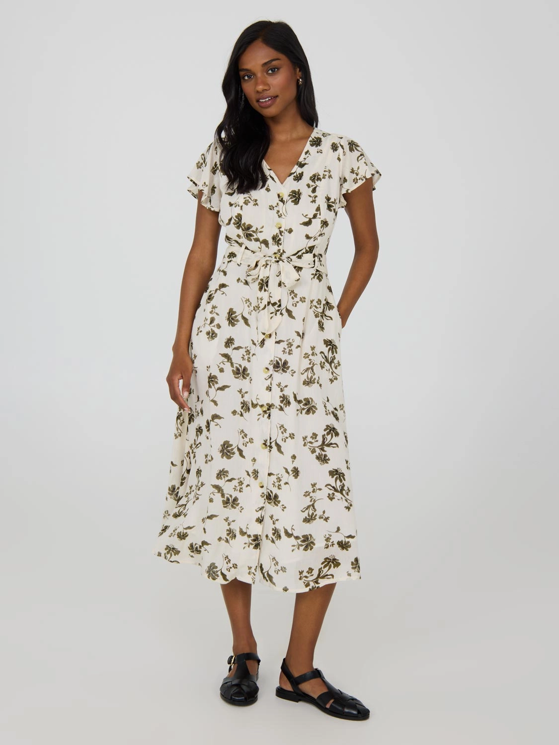 Floral Print Flutter Sleeve Button-Front Midi Dress Magnetic-Closure