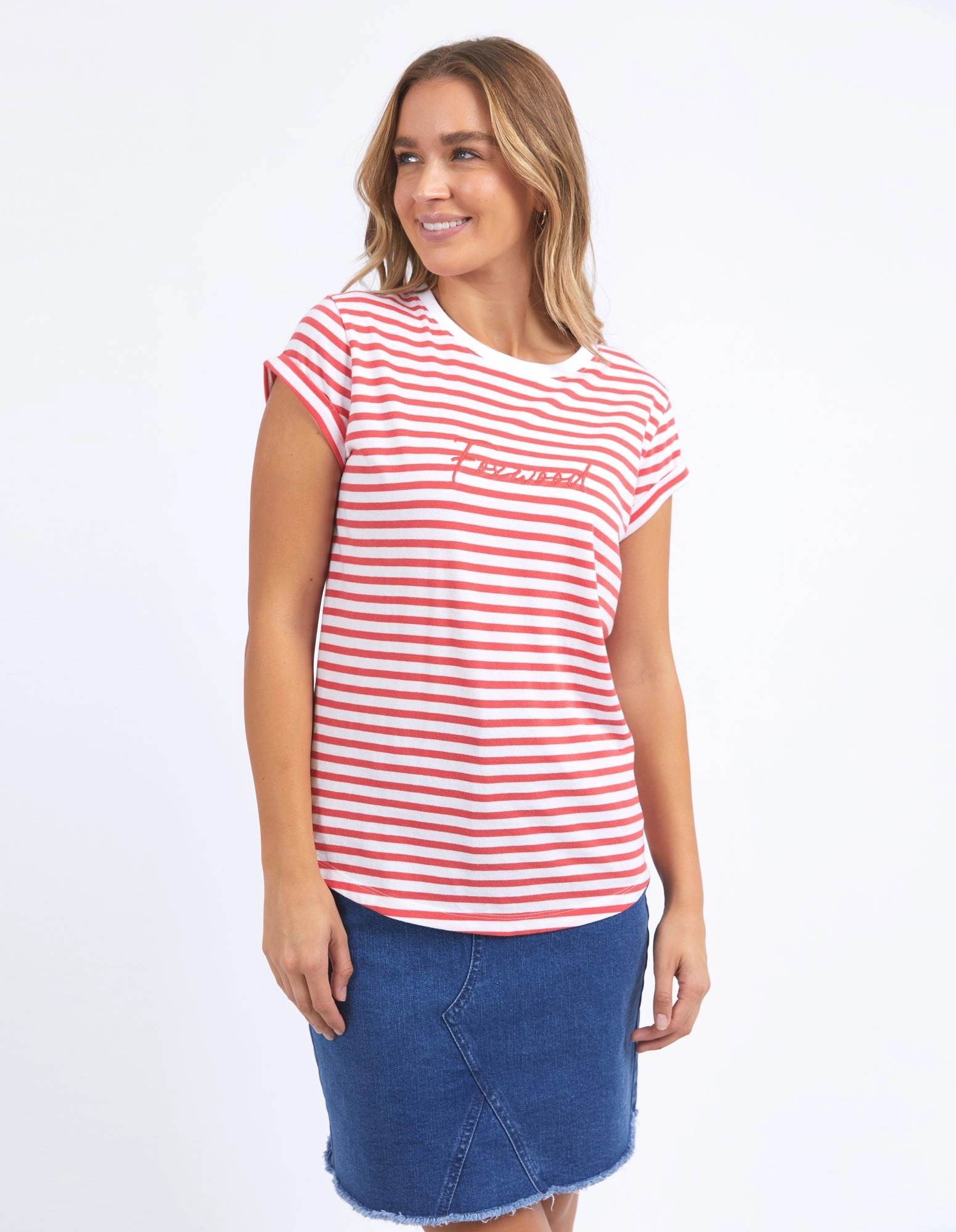 Odor-resistant Foxwood Signature Stripe Tee Cayenne & White Stripe