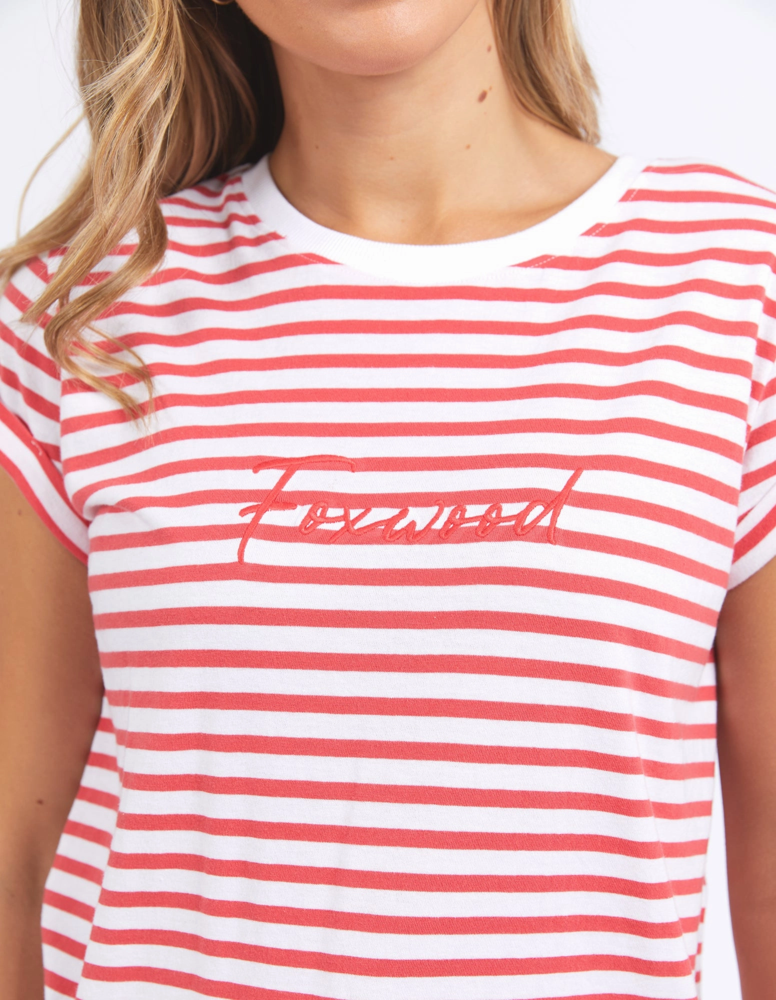 Foxwood Signature Stripe Tee Cayenne & White Stripe Flexible Collar Smooth Neckline