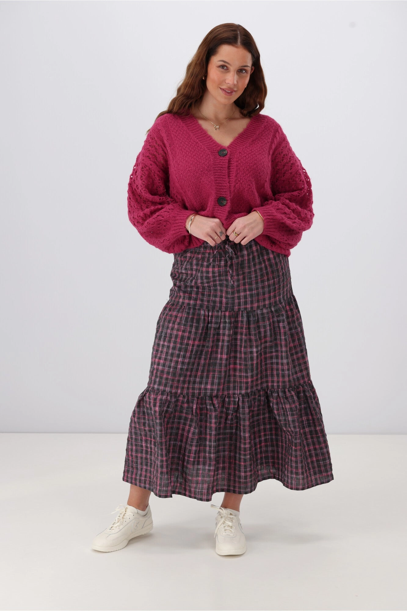 Shine On Label Roxie Tiered Maxi Skirt Black Pink Check Modern Details