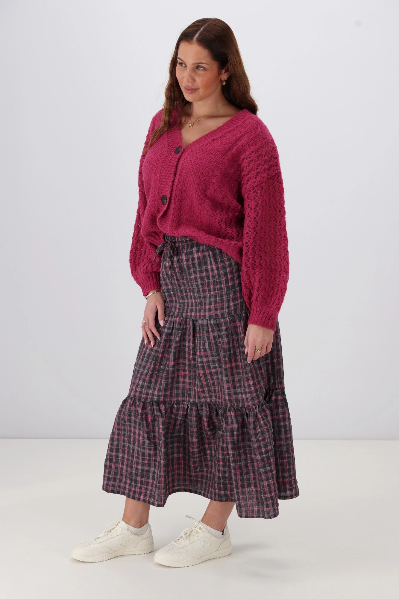 Shine On Label Roxie Tiered Maxi Skirt Black Pink Check Subtle Finish