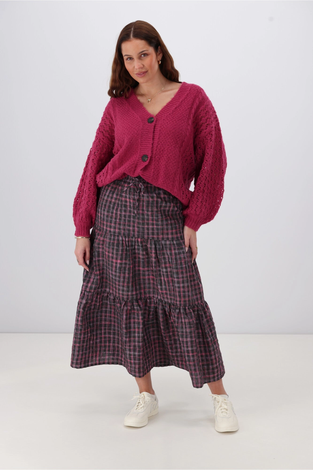 Performance Wear Style Preview Shine On Label Roxie Tiered Maxi Skirt Black Pink Check