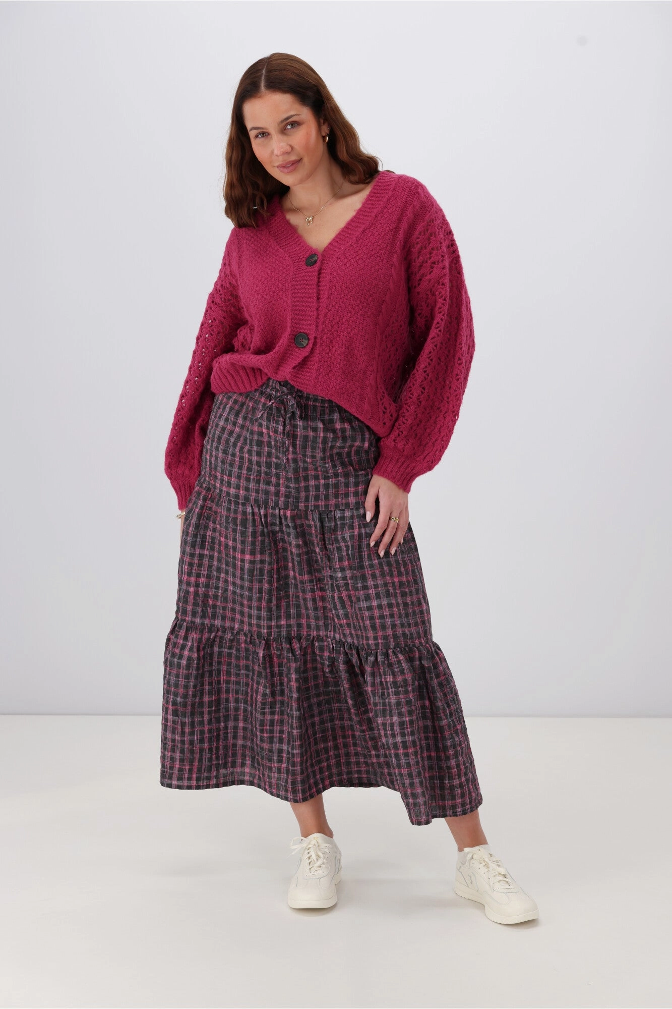 Chill Feel Hypoallergenic fabric Shine On Label Roxie Tiered Maxi Skirt Black Pink Check