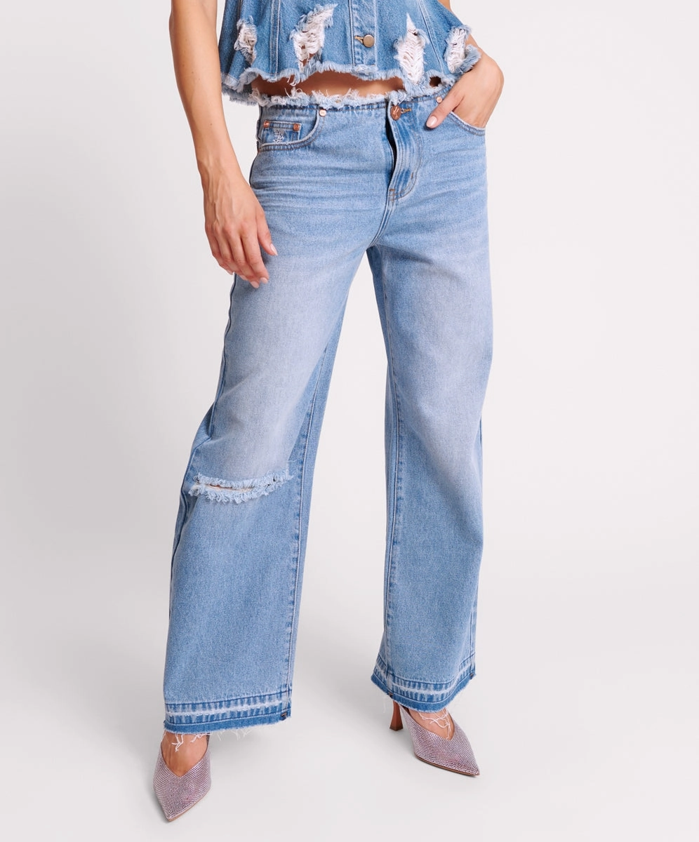 Figure Hug Tagless Labeling One Teaspoon Lowriders Low Waist Wide Leg Jeans Bolt Blue