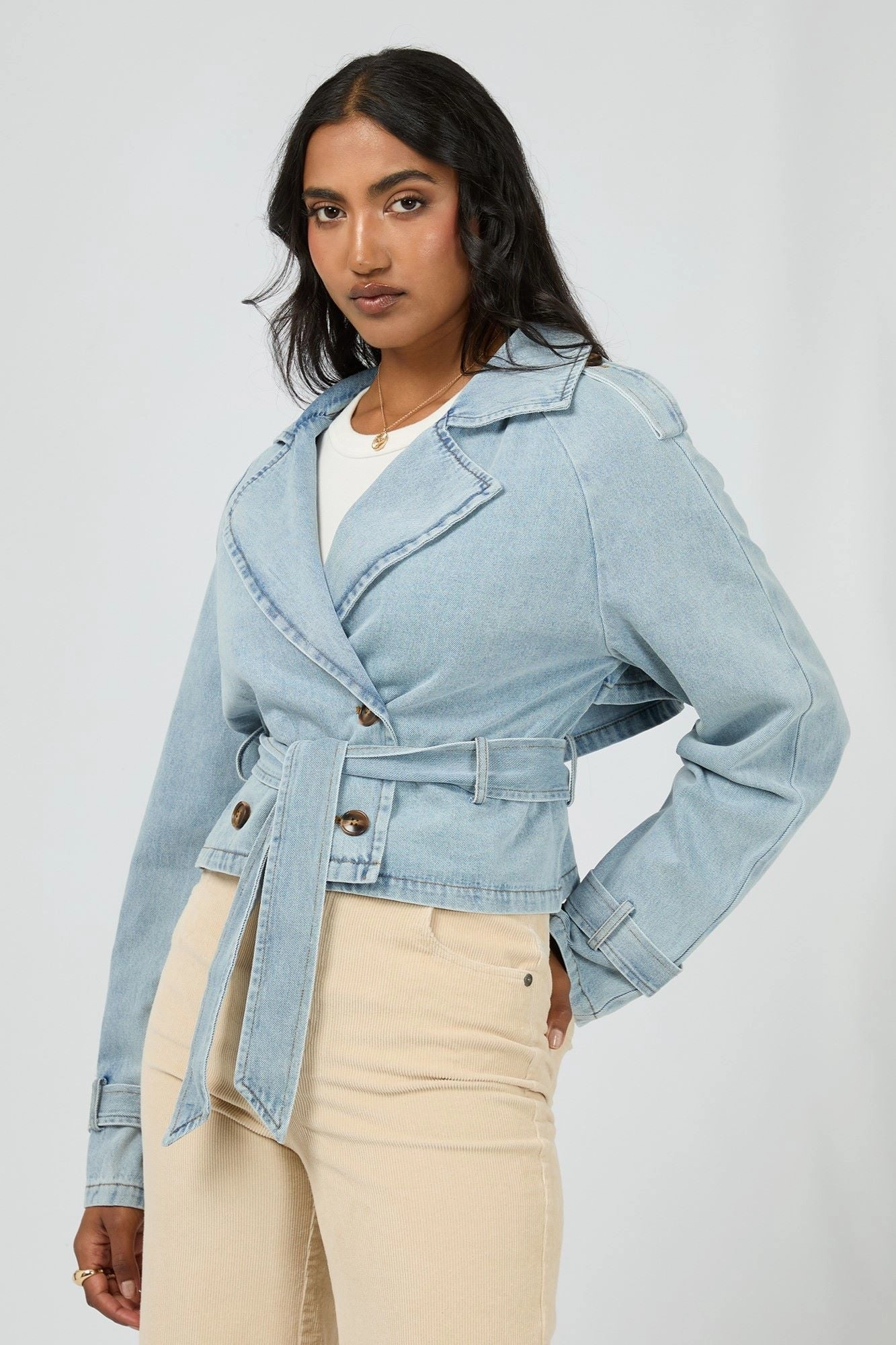All About Eve Rio Cropped Trench Light Blue Quilted Lining Lightweight Polyester Blend
